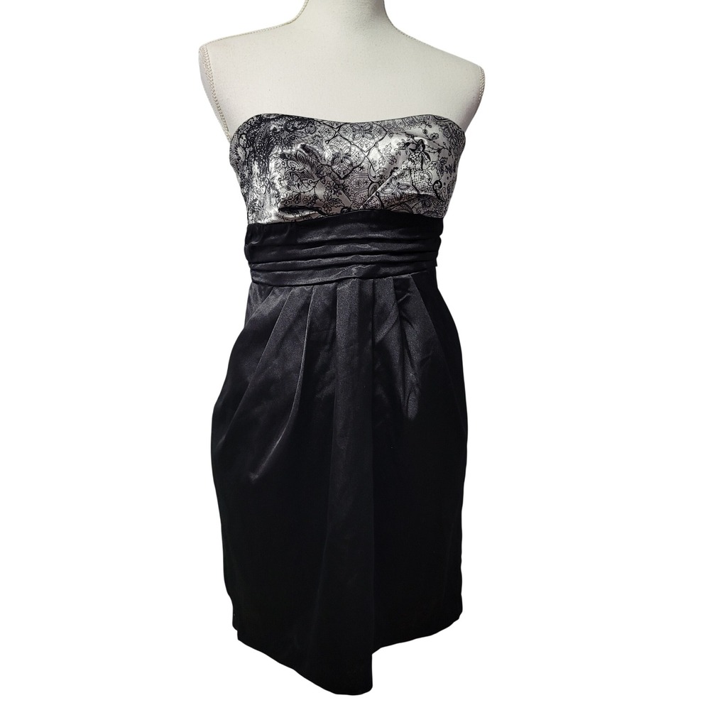 ruby rox Black Silver Strapless Cocktail Dress Satin Floral Brocade Mini‎ Party